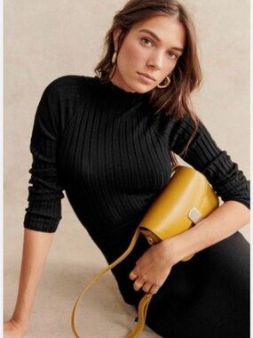 Sezane Charly Jumper Medium Ribbed Neck Sweater Merino Wool & Cotton Black